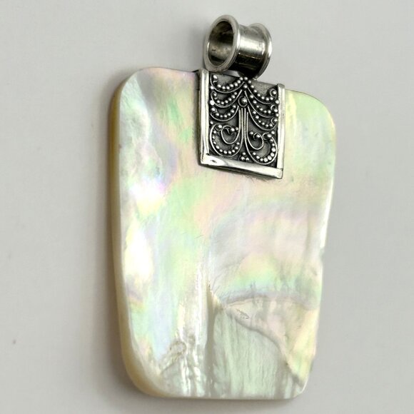 Artisan Sterling Silver 925 Mother of Pearl Iridescent Pendant Shell Boho 2in - Picture 9 of 10